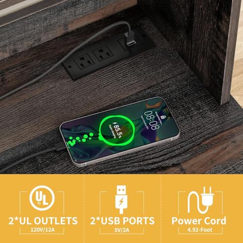 DWVO Baker Rack with Power Outlet and Storage, Farmhouse Microwave Stand with Door for Kitchen, 5-Tiers Tall Coffee Bar Station Cabinet Thickened Counter with Hutch Shelves, Black Oak