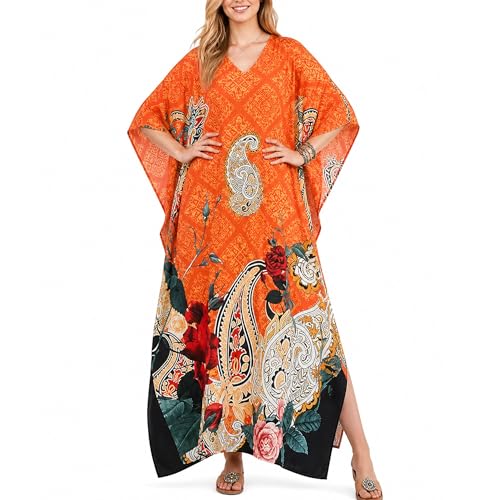 Image of Gypsie Blu Women Plus Size Kaftan Dress Beach Cover Up Maxi Dresses for Women, V-Neck Kimono Sleeve 1X-3X