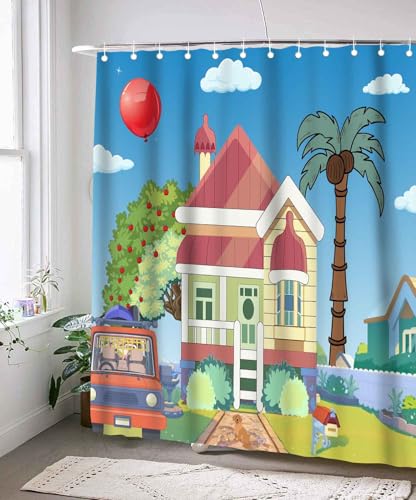 Image of Blue Them Balloon Cartoon House 72x72 Decorative Shower Curtain With Hooks | Bluey Backdrop With Cartoon House Red Balloon Print, Polyester Shower Curtain, With Hooks For Bathroom Decoration