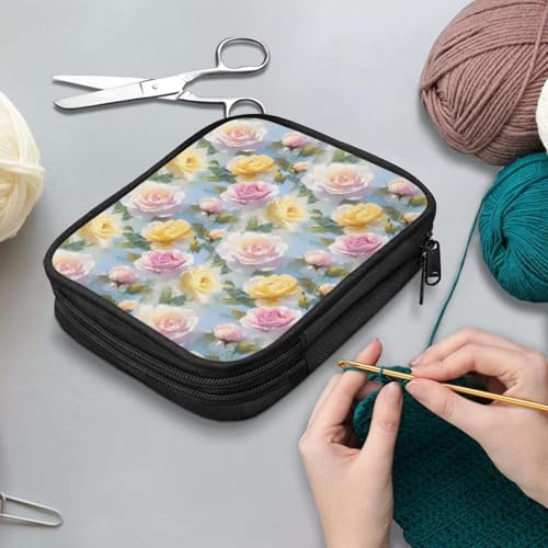 Image of Yellow Pink Rose Crochet Hook Case Crochet Hook Holder Portable Storage Bag with Web Pockets Suitable for Needles /Knitting Accessories