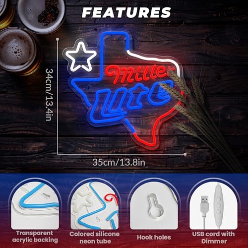 Image of Beer Neon Sign Texas Map Shape Neon Lights Dimmable Beer Light up Sign for Man Cave Pub Home Bar Party Bedroom Club Pub Bistro Decor USB Powered
