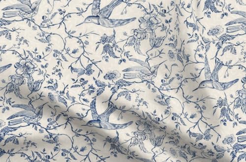 Spoonflower Fabric - Blue Floral Toile Chinoiserie Rococo French Country Vintage Birds Printed on Petal Cotton Fabric Fat Quarter - Sewing Quilting Apparel Crafts Decor