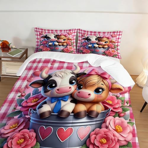 Image of Highland Cow Comforter Set Queen Size Farm Pink Rose Plaid Bedding Sets for Kids Teens Boys Girls Bedroom 3D Cute Cartoon Animal Quilt 1 Comforter 2 Pillowcases