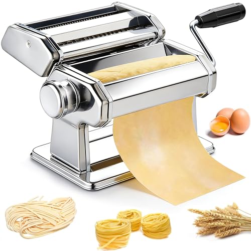 Pasta Maker, METLUCK Stainless Steel Pasta Machine Manual Roller Pasta Maker with 9 Thickness Settings for Spaghetti Linguine Fettuccine Lasagne, Includes Dough Cutter & Hand Crank
