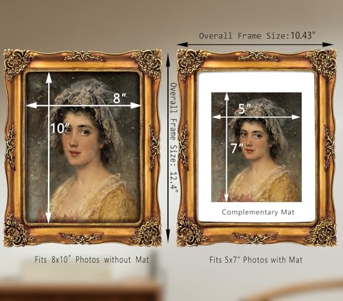 Image of Vintage 8x10 Picture Frame Gold Antique Picture Frames for Wall Hanging & Tabletop, Ornate Baroque Frames 8x10 or Matted to 5x7 Photo (8x10 inch, Bronze) | Real Glass, Wall or Tabletop Display, Fits 8x10 or 5x7 Photo with Mat