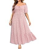 Plus Size Floral Dress Summer Spring Off The Shoulder Puff Sleeve A Line Boho Maxi Flow Long Sundress Women Pink Flower