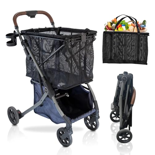 Strolee Stability Shopping Cart On Premium Wheels – Lightweight Aluminum Frame – Removable Shopping Bag with Carry Strap & Lower Grocery Storage 75Lbs Storage Capacity (Blue)