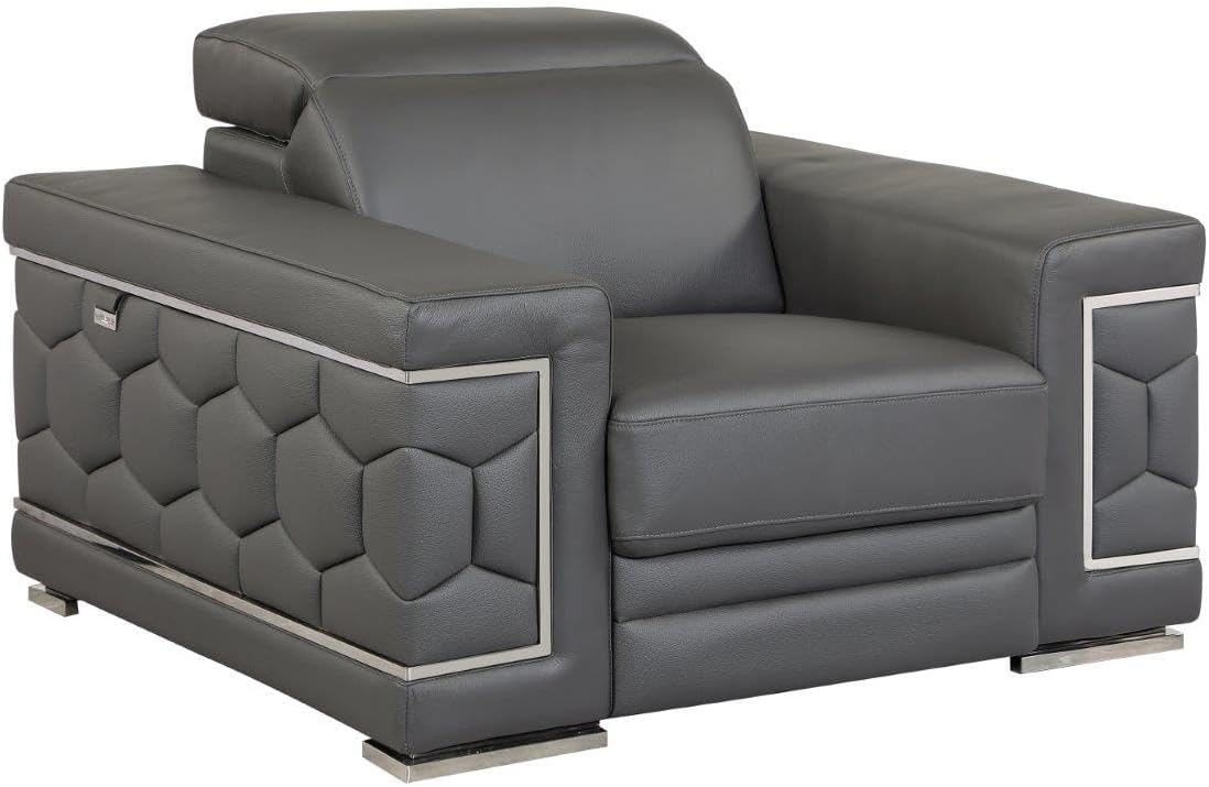 Blackjack Furniture Usry Top Grain Italian Leather Sofa Chair with Multi-Position Adjustable Headrests, Elegant Contemporary Design with Chrome Trim and Durable Wood Frame, Dark Gray