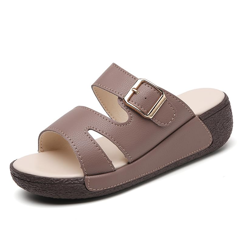 Women's Summer Slip On Sandals with Thick Cushioned Sole - Soft PU Cover Upper & Non-Slip Durable Outsole, Open-Toe Mid-Heel Comfort for Home, Office, Trave