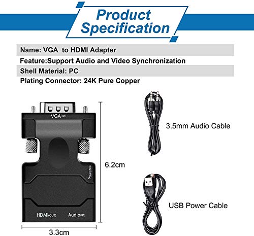 Image of ikis 15-pin Portable VGA to hdmi Adapter /Converter with Audio (Old PC to TV /Monitor with HDMI), Male VGA to hdmi Video Adapter for TV, Computer, Projector with Audio, Power Cable -D-Sub,