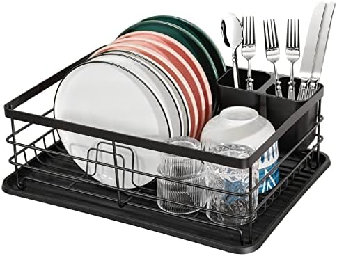 BRIAN & DANY Dish Drainer, Dish Drying Rack with Cutlery Holder and Drip Tray, 39 x 28 x 14.5 cm, Black