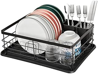 BRIAN & DANY Dish Drainer, Dish Drying Rack with Cutlery Holder and Drip Tray, 39 x 28 x 14.5 cm, Black