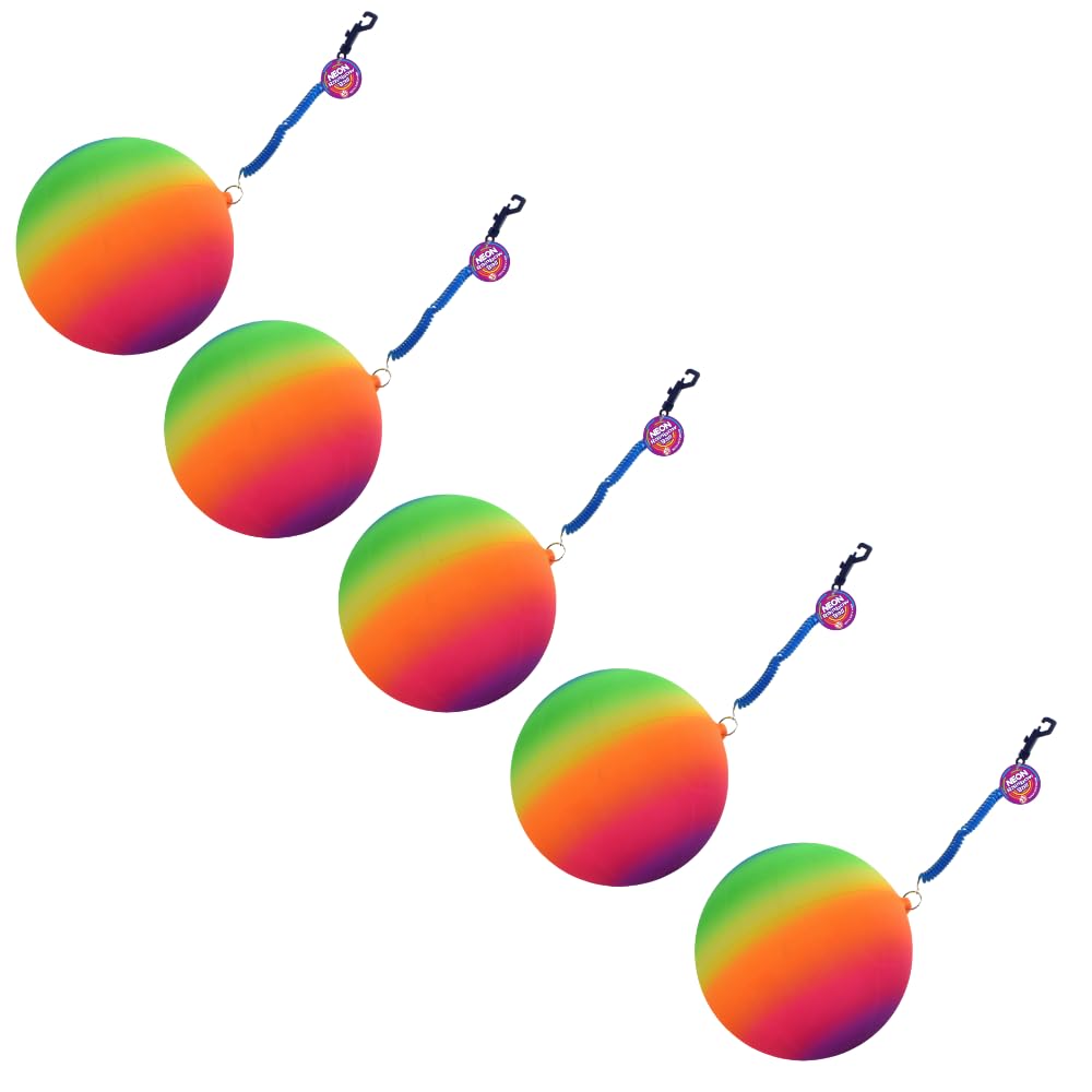 eMKay Pack of 5  Neon Rainbow Ball with Keychain  20cm Inflatable Ball in Net Bag  Colourful Outdoor Summer Toys for Kids  Garden, Party, Beach, BBQ, Picnic & Party Games