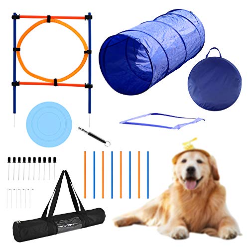 YON.SOU.Dog Agility Equipment Obstacle Course Training Equipment Suitable for Agility Speed Training Jumps Includes Dog Agility Tunnel Poles Jump Hoops Dog Frisbee Pause pet Toy with Carrying Bag