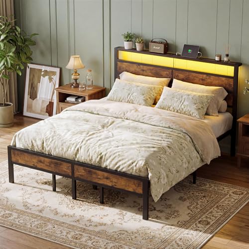 Image of King Size Bed Frame with LED Lights and Charging Station | Brown Metal Platform Bed, Wood Headboard, Sturdy Slats, No Box Spring Needed, Noise Free, Easy Assembly