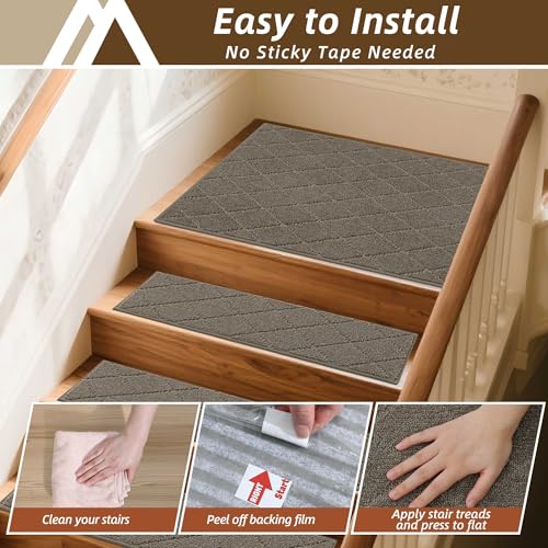 Image of COSY HOMEER Stair Landing Rugs Non-Slip Corner Indoor Edging Stair Treads for Wooden Steps,Washable Soft Stair Landing Mat for Kids,Elder and Dogs,Polyester,TPE Backing,Light Brown,30x30inch