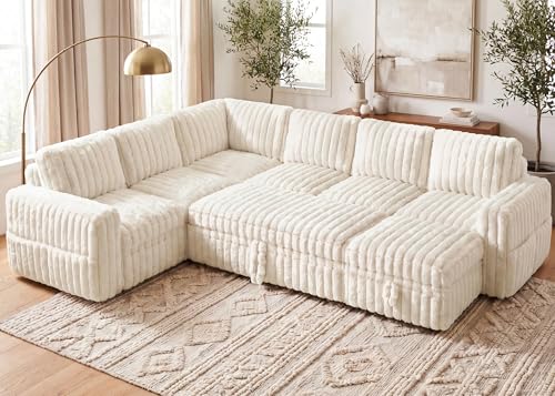 Image of HONBAY Plush Corduroy Modular Sectional Sofa with Pull Out Bed, Convertible U Shaped Couch with Storage,Sleeper Sectional Couches for Living Room,Plush Beige