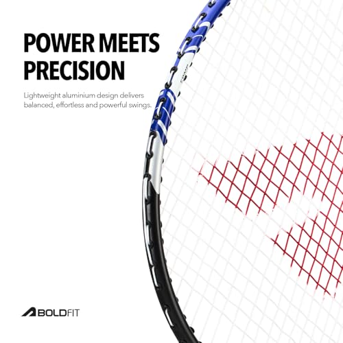 Image of Boldfit Badminton Rackets Aluminium Badminton Racket with Full Cover Bag Standard Shuttle Bat Match Shuttle Bats Lightweight Badminton Shuttle Bat Thunderbolt - Blue Set