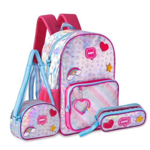 Mochila com Lancheira e Estojo Holográfico Kit Escolar Meninas