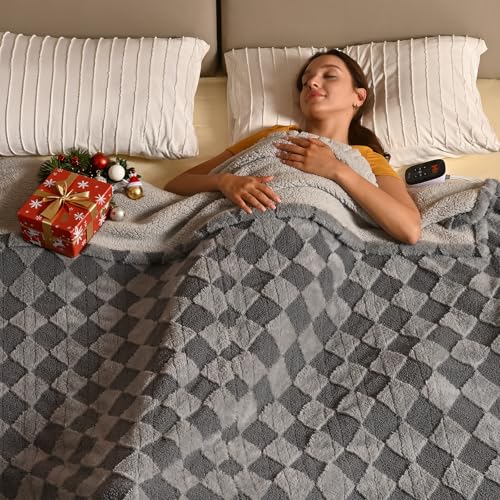 Image of Bearhug Heated Blanket Full Size 77 inch x 84 inch Electric Blanket, Reversible Brown Plaid Sherpa Heating Blanket, 10-Heat Levels & 1-12H Auto Off, ETL, Machine Washable