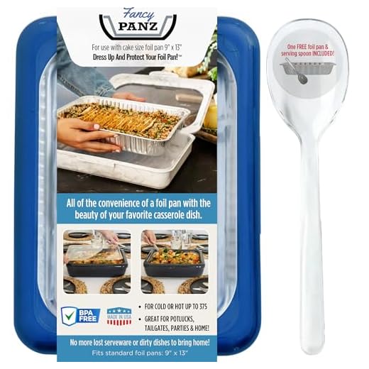 Fancy Panz 9x13- Inch Foil Cake Pan Dress Up & Protect Your Foil Pan Made in USA, Foil Pan & Serving Spoon Included. Hot or Cold Food. Stackable for easy travel. (Denim Blue)