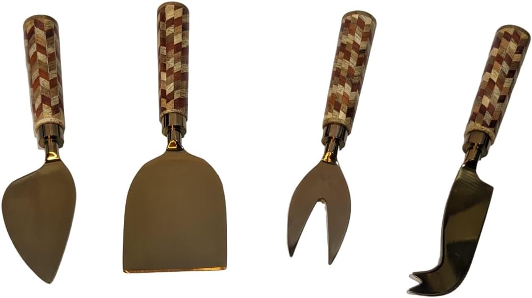 Mini Cheese Knives Set with a Wooden Platter | Cheese Fork, Pronged, Flat Cheese & Parmesan Knife with Handcarved Wooden Handle