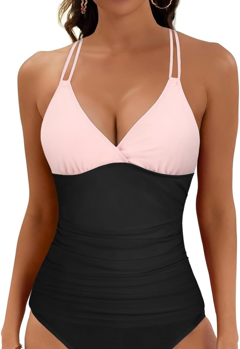 Hilor Women's Underwire Tankini Top Only Ruched Tummy Control Bathing Suits V Neck Crossback Swim Tops
