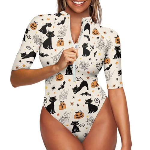 Women One Piece Print Swimsuit Tummy Control Zip Front Bathing Suit 3/4 Short Sleeve High Neck Swimwear Monokini