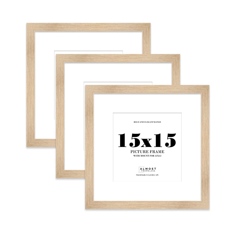15x15" Oak Square Frame With Mount for 12x12" Pictures 28mm Edge Frame Display with Wall Hooks, 3 Pack