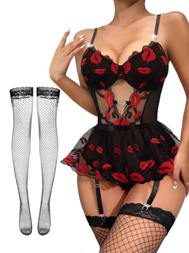 Image of Alrovetoney Women Lingerie Set Naughty Lace Bodysuit High Waisted Underwire Lingerie Babydoll With Garter Belt and Stockings