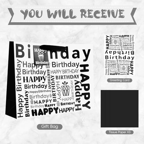 Image of JMANNI Large Happy Birthday Gift Bag with Tissue Papers and Greeting Card,Portable Paper Gift Bags with Handles,White and Black Present Bags for Women Men Birthday Party Supplies13 x 10.2 inch x 4.7 inch