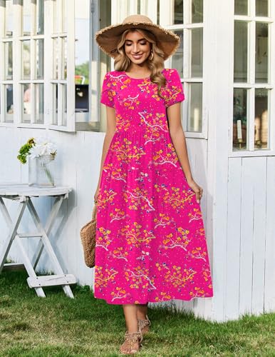 Image of Zeagoo Summer Dresses for Women 2026 Maxi Bohemian Floral Short Sleeve Long Dress Casual Flowy Tired Beach Sundress