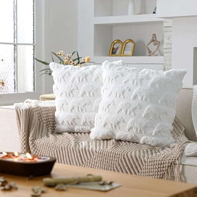 2 Pcs Polar Bear Throw Pillow Covers 18x18 Inch White Bear Pillow Covers with 3D Embroidery Bear Decor Pillowcases for Couch Bed Sofa Living Room Home Decor