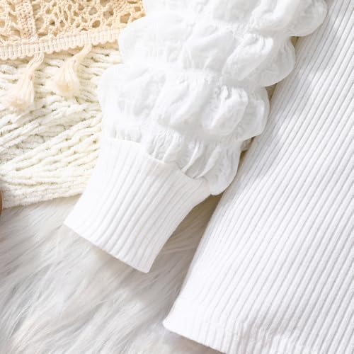 Image of Toddler Girls Christmas Outfits Girls Puff Sleeve Knit Ribbed Tops Button Down Vest Plaid Skirt Set Winter Clothes
