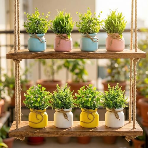 Image of Dekorly Artificial Potted Plants, Artificial Plastic Eucalyptus Plants Small Indoor Potted Houseplants, Small Faux Plants for Home Decor Bathroom Office Farmhouse (Matka Multi Color)