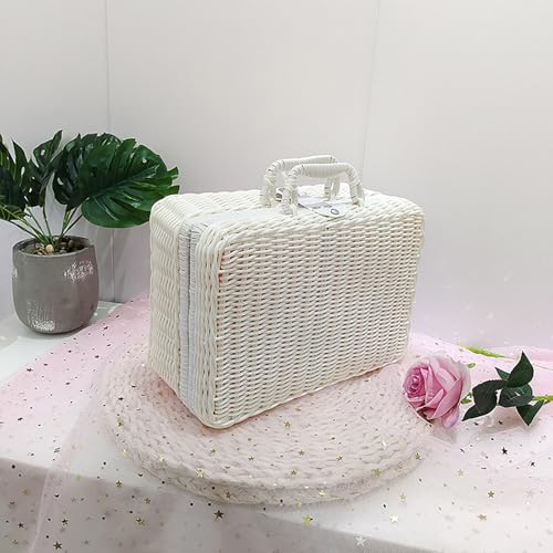 Geflochtener Rattan-Koffer Aufbewahrungskorb mit Griff, Gewebte Picknickbox, Handgewebt, mit Metallschloss, Vintage Geschenkbox aus Weide für Camping, Hochzeit, Fotografie, Deko (Weiß)