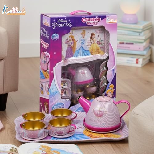 Image of Disney Princess 14-Piece Tin Tea Set for Girls - Portable Fantasy Tea Party Set with Teapot & Cups - Safe & Durable Metal Pretend Play Learning Toy|Birthday Gift for Kids Ages 3+ (Pink)