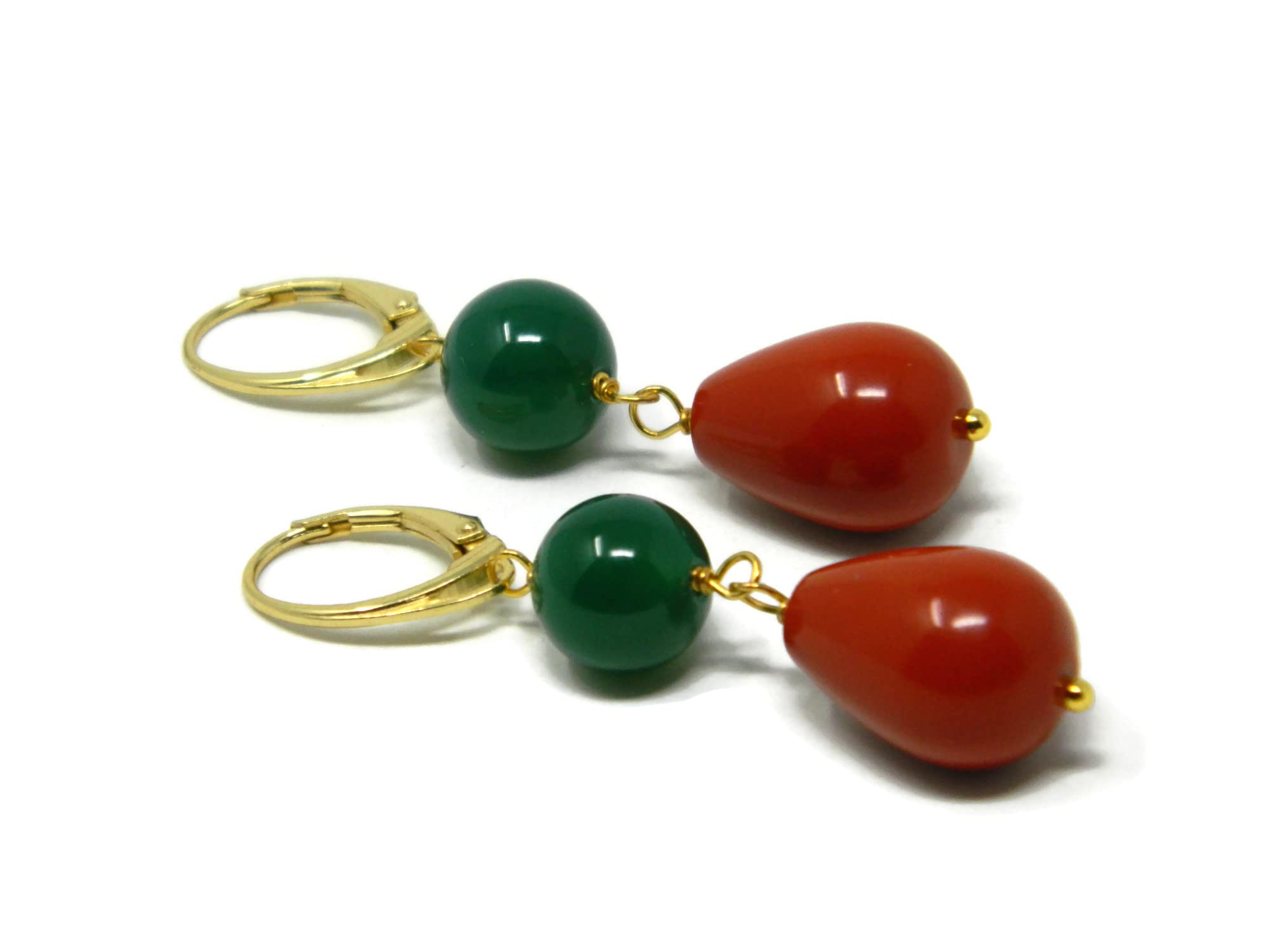 Orecchini pendenti donna in agata verde e pasta di corallo rosso Sardegna – Goccia 12x16 mm e pallina 10 mm – Argento 925 placcato oro – Handmade Made in Italy – Nickel-Free - DodiGioielli