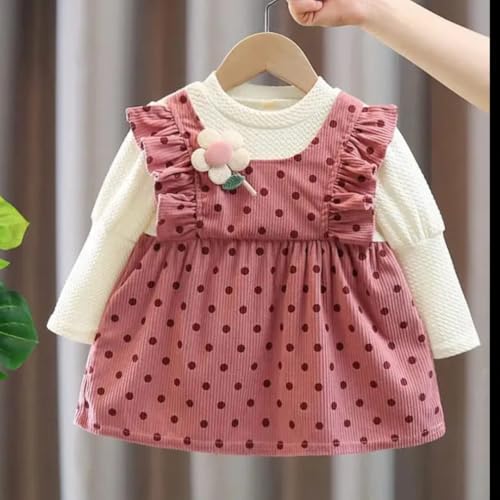 Image of Bold N Elegant Baby Girls Cute Polka Dot Corduroy Long Sleeve Pinafore Dress for Infant Toddler Baby Girls