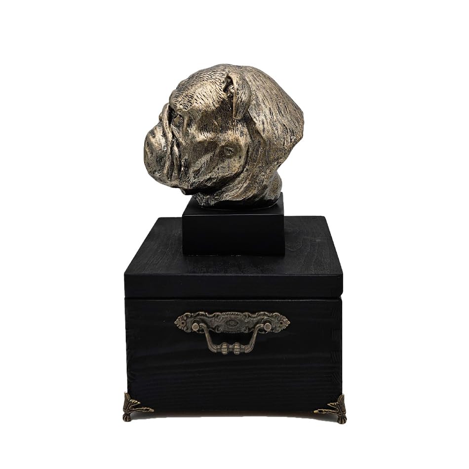 Hundeurne Englische Britische Bulldogge Holz mit Statue Gravur Bronze Skulpturen Tierstatuetten Gedenkstein