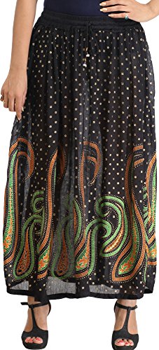 Exotic India Jet-Black Long Elastic Skirt with Printed Paisleys and Bootis