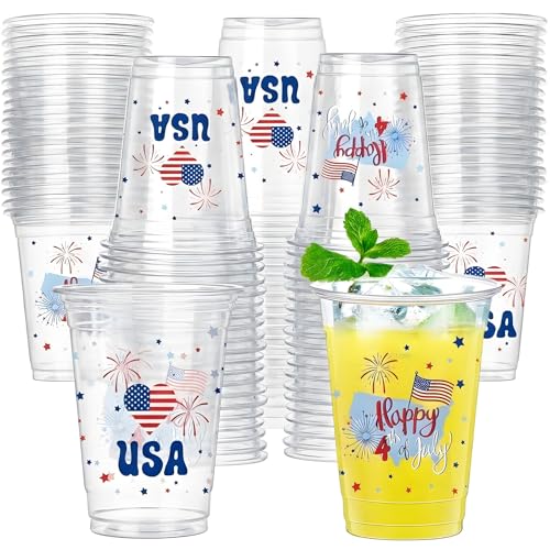Boocikey 40 Pcs 4th of July Cups 16 oz Patriotic Plastic Cups American Flags Disposable Party Cups 250th Anniversary Cups for Independence Day Patriotic Day Party Supplies