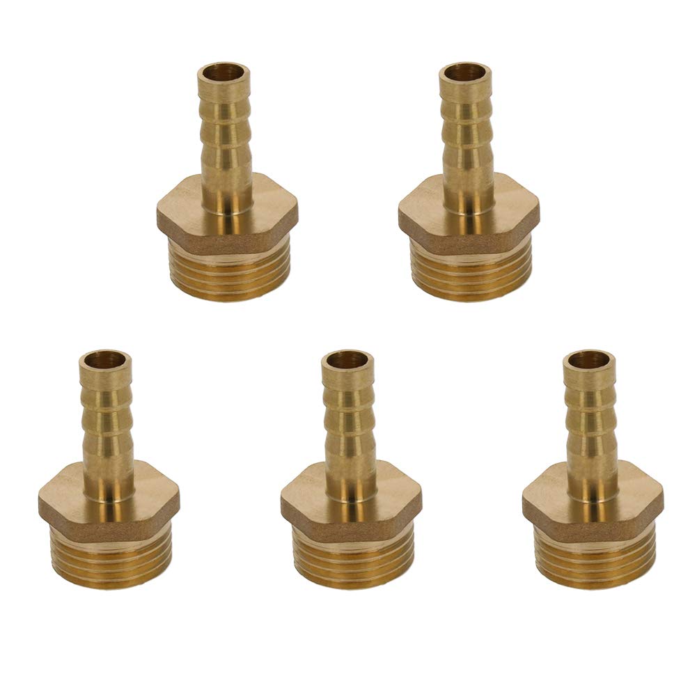 MroMax Brass Barb Hose Fitting Connector Adapter 8mm Barbed x 1/2 PT Male Pipe Brass Tone 5pcs