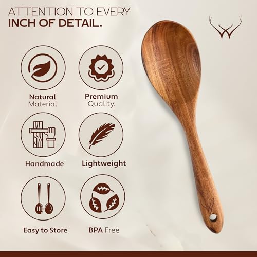 Image of 7 Pc Teak Wooden Kitchen Utensils - Handcrafted Wooden Cooking Utensils Set with Holder, Elegant Wooden Spoons for Cooking & Timeless Utensil Set for Daily Use - Teak Utensils Set for Cooking