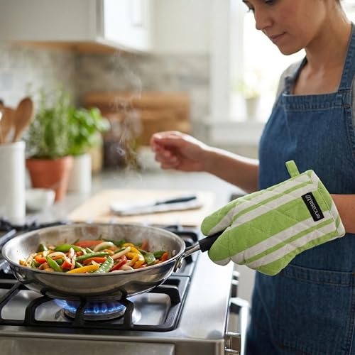 Image of Encasa XO Heat Resistant 100% Cotton Oven Glove & Potholder Set with Loop, Kitchen Cooking Mittens, Microwave Safe Hot Pads (Franca Lime Stripes)