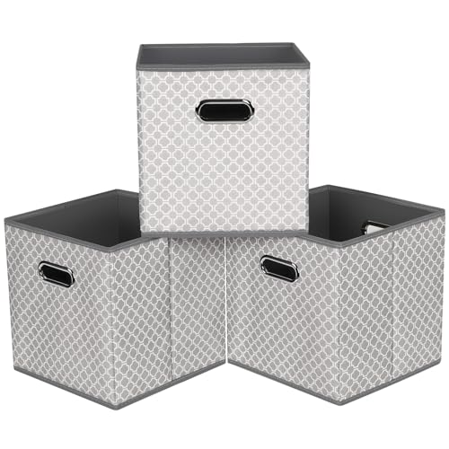 HEAYEEG Black Foldable Storage Cubes Bins, Fabric Storage Box Cubes Organizer Baskets with Dual Handles for Home Organizer,Set of 3,(Grey Light)
