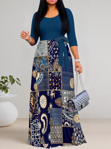 Image of PinkPatty Plus Size Maxi Dress for Women Casual V Neck 3 /4 Sleeve Boho Printed Long Dress with Pockets