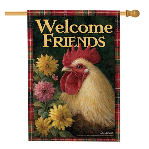 Drapeau de jardin « Welcome Friends » avec coq - Bannière de décoration extérieure - Drapeau à carreaux rouges double face pour la maison, décoration de style ferme, 71 x 101 cm