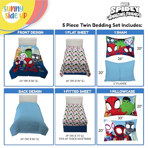Image of Sunny Side Up Marvel Spidey & His Amazing Friends Twin Comforter Set - 5 Piece Kids Bedding Includes Comforter, Sheets & Pillow Cover - Super Soft Superheroes Microfiber Bed Set