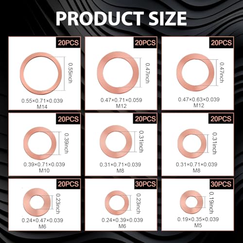 Image of Shakas Pack-200 Car Copper Metric Gasket Combination Set, Oil Pan Plug Sealing Gaskets, M5 M6 M8 M10 M12 M14 9 Specifications Flat Crushed Gasket with Storage Box, Universal for Most Cars (Gold)